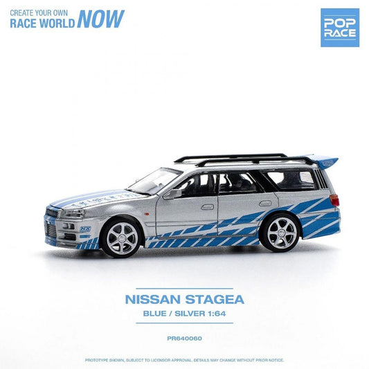 POPRACE - 1/64 Nissan Stagea Blue Silver Diecast Scale Model Car - PR64-60 - MODEL CARS UKMODEL CAR#INNO64##TARMAC##diecast_model#