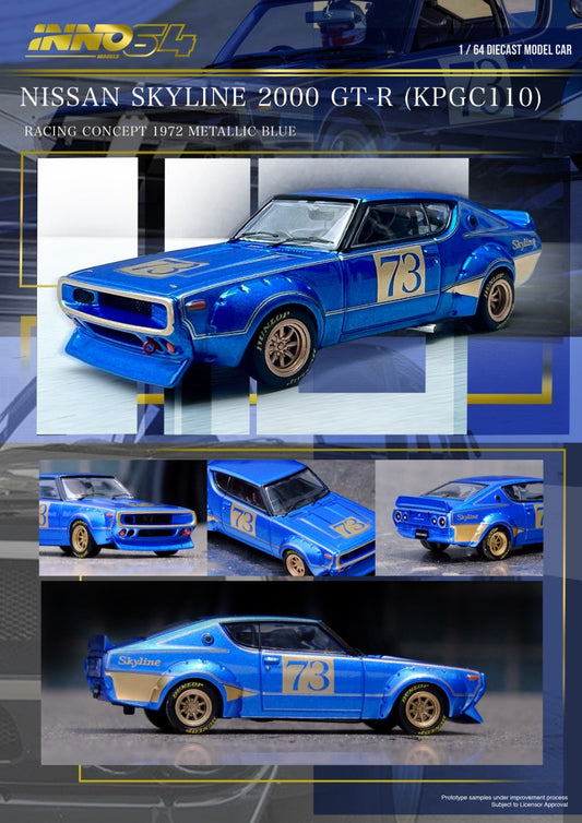 [PREORDER] INNO 64 - Nissan Skyline 2000 GT-R KPGC110 Racing Concept Blue Diecast Scale Model Car - IN64-KPGC110RC-BLU - MODEL CARS UKMODEL CAR#INNO64##TARMAC##diecast_model#