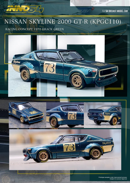 [PREORDER] INNO 64 - Nissan Skyline 2000 GT-R KPGC110 Racing Concept Green Diecast Scale Model Car - IN64-KPGC110RC-GRN - MODEL CARS UKMODEL CAR#INNO64##TARMAC##diecast_model#
