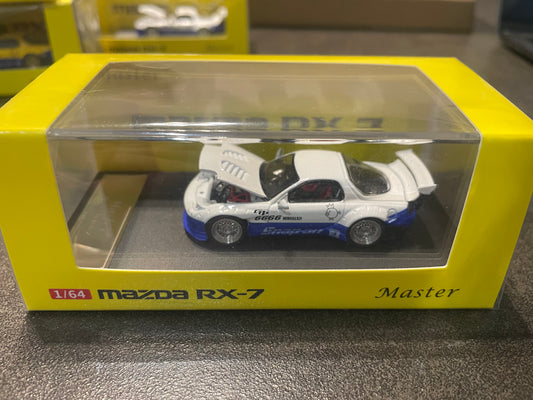 Master - 1/64 Mazda RX7 Rocket Bunny. Hood Opened+GT Wing. Filp Lights diecast model car - Blue White