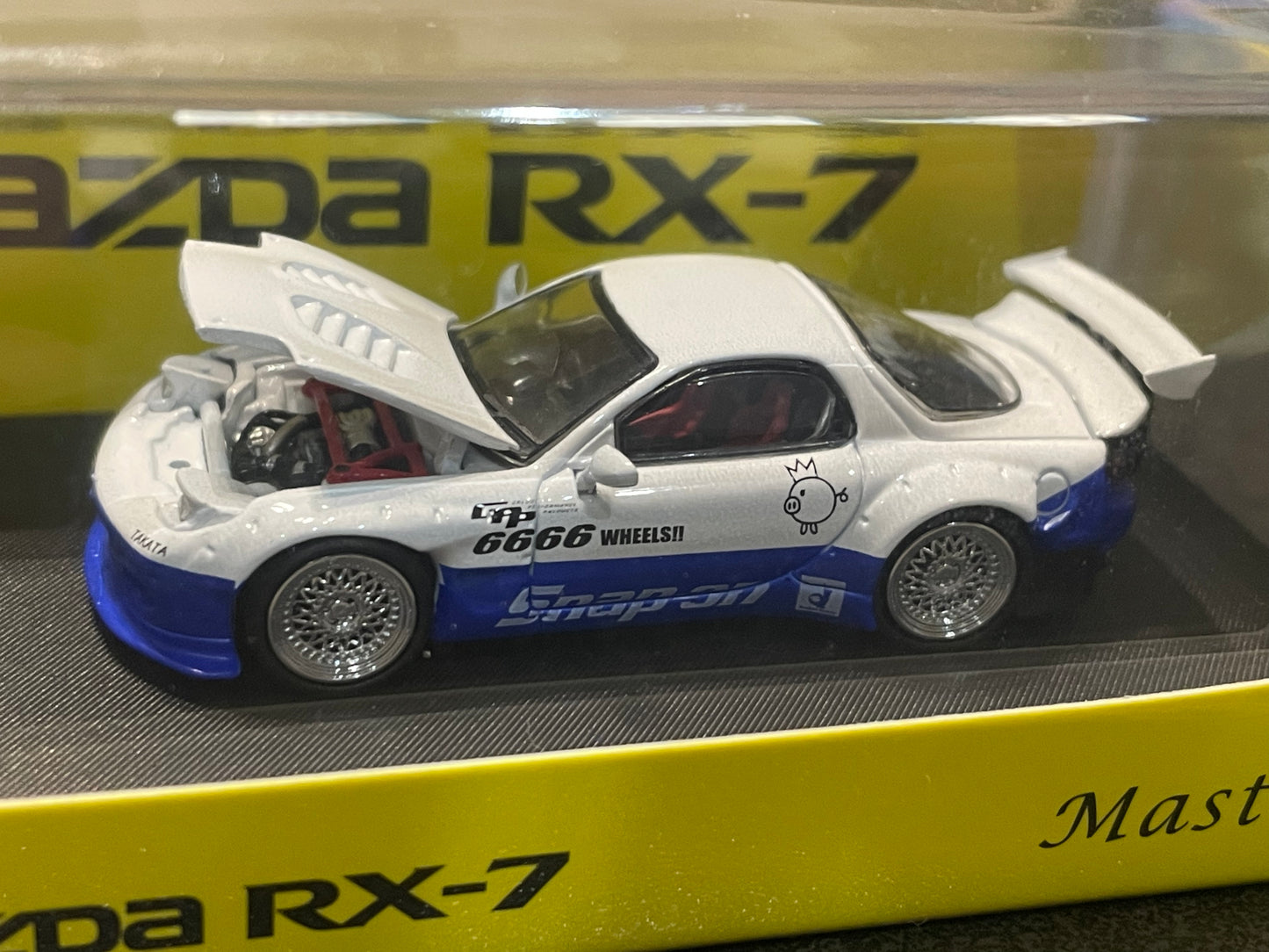 Master - 1/64 Mazda RX7 Rocket Bunny. Hood Opened+GT Wing. Filp Lights diecast model car - Blue White