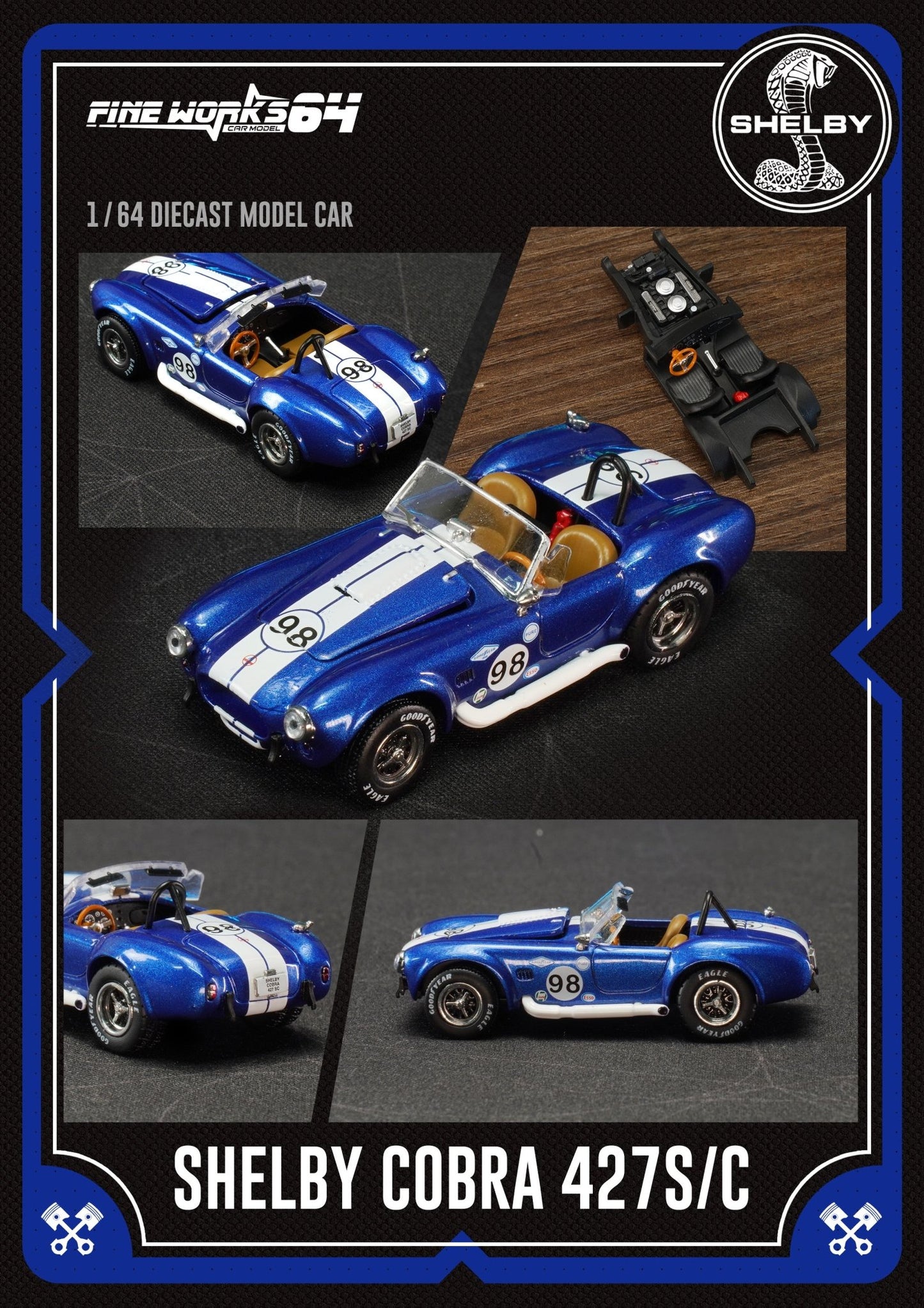 [PREORDER] Fine Works - 1:64 Shelby COBRA 427S/C with opened engine Diecast model car - #98 blue Champion - MODEL CARS UKMODEL CAR#INNO64##TARMAC##diecast_model#