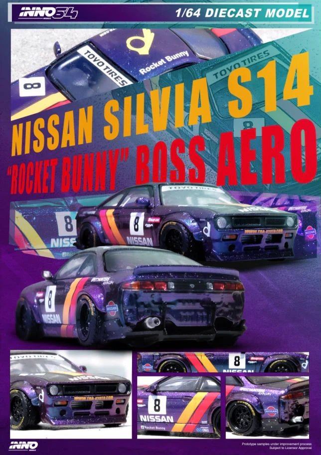 [PREORDER] INNO 64 - NISSAN SILVIA (S14) BOSS "ROCKET BUNNY" Purple Diecast Scale Model Car - IN64 - S14B - PRP - MODEL CARS UKMODEL CAR#INNO64##TARMAC##diecast_model#