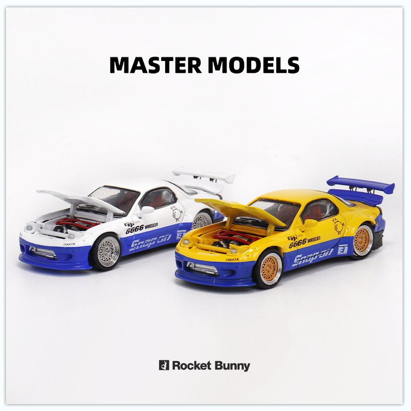 [ PREORDER ] Master - 1/64 Mazda RX7 Rocket Bunny. Hood Opened+GT Wing. Filp Lights diecast model car - Blue White - MODEL CARS UKMODEL CAR#INNO64##TARMAC##diecast_model#