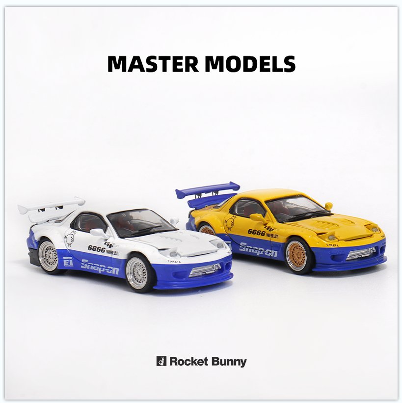 [ PREORDER ] Master - 1/64 Mazda RX7 Rocket Bunny. Hood Opened+GT Wing. Filp Lights diecast model car - Blue White - MODEL CARS UKMODEL CAR#INNO64##TARMAC##diecast_model#