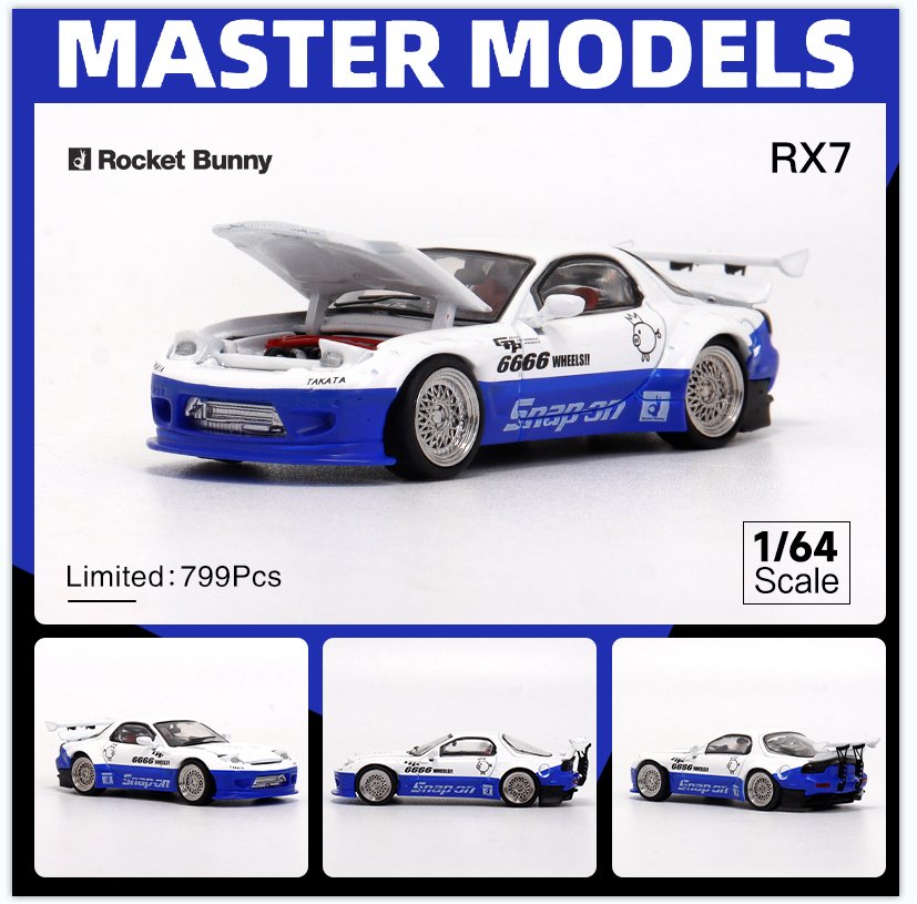 [ PREORDER ] Master - 1/64 Mazda RX7 Rocket Bunny. Hood Opened+GT Wing. Filp Lights diecast model car - Blue White - MODEL CARS UKMODEL CAR#INNO64##TARMAC##diecast_model#