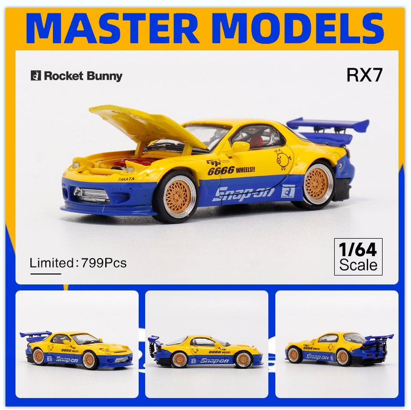 [ PREORDER ] Master - 1/64 Mazda RX7 Rocket Bunny. Hood Opened+GT Wing. Filp Lights diecast model car - Blue Yellow - MODEL CARS UKMODEL CAR#INNO64##TARMAC##diecast_model#