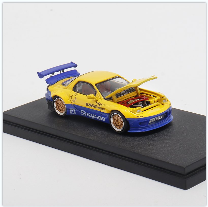 [ PREORDER ] Master - 1/64 Mazda RX7 Rocket Bunny. Hood Opened+GT Wing. Filp Lights diecast model car - Blue Yellow - MODEL CARS UKMODEL CAR#INNO64##TARMAC##diecast_model#