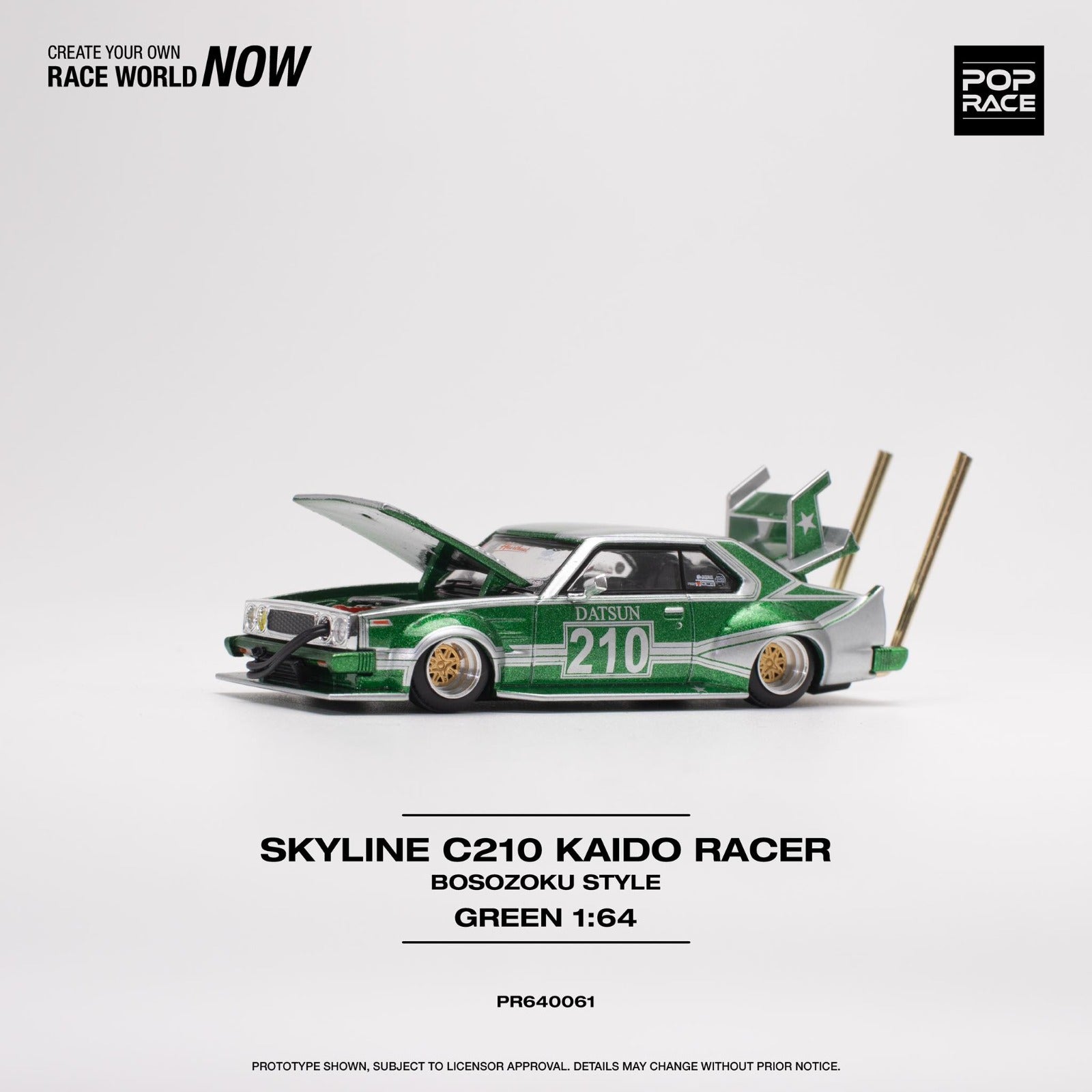 [PREORDER] POP RACE - SKYLINE C210 KAIDO RACER (BOSOZOKU STYLE) - SILVER/GREEN - PR640061 - MODEL CAR UKMODEL CAR#INNO64##TARMAC##diecast_model#