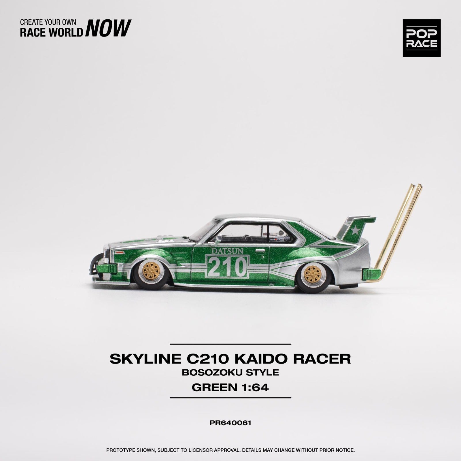 [PREORDER] POP RACE - SKYLINE C210 KAIDO RACER (BOSOZOKU STYLE) - SILVER/GREEN - PR640061 - MODEL CAR UKMODEL CAR#INNO64##TARMAC##diecast_model#