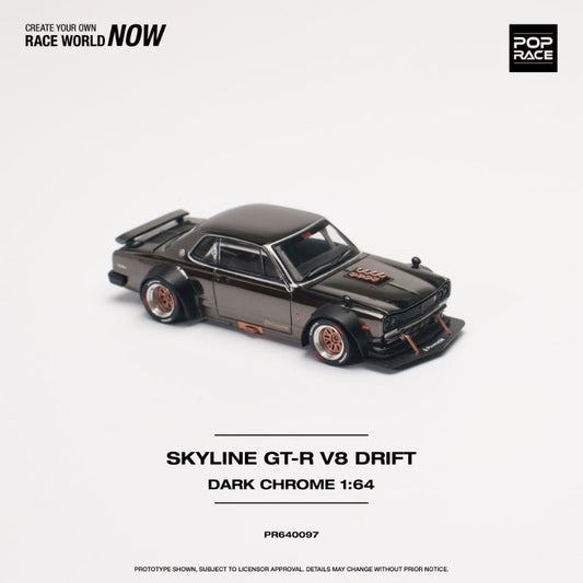 [ PREORDER ] POPRACE - 1/64 SKYLINE GT-R V8 DRIFT (HAKOSUKA) DARK CHROME Diecast model car (PR640097) - MODEL CARS UKMODEL CAR#INNO64##TARMAC##diecast_model#