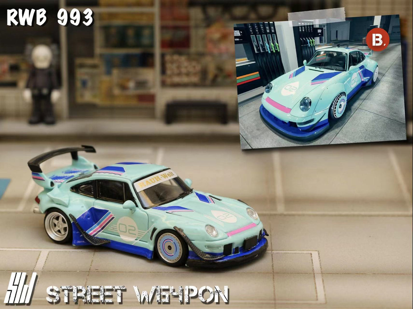 [ PREORDER ] STREET WEAPON SW - 1/64 PORSCHE RWB 993 diecast model (luminous paint on the body) - Tiffany blue #02 livery - MODEL CARS UKMODEL CAR#INNO64##TARMAC##diecast_model#