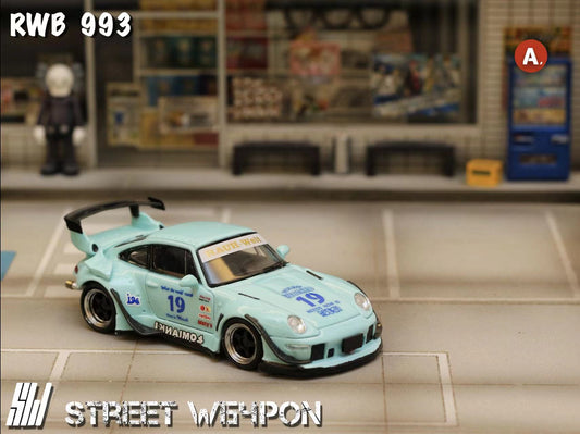 [ PREORDER ] STREET WEAPON SW - 1/64 PORSCHE RWB 993 diecast model (luminous paint on the body) - Tiffany blue #19 livery - MODEL CARS UKMODEL CAR#INNO64##TARMAC##diecast_model#