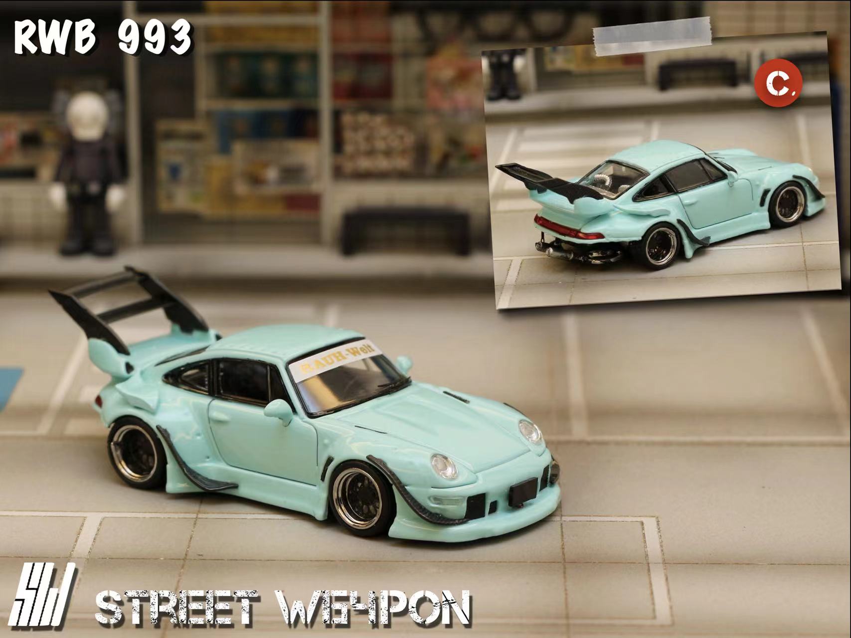 [ PREORDER ] STREET WEAPON SW - 1/64 PORSCHE RWB 993 diecast model (luminous paint on the body) - Tiffany blue High Wing version - MODEL CARS UKMODEL CAR#INNO64##TARMAC##diecast_model#