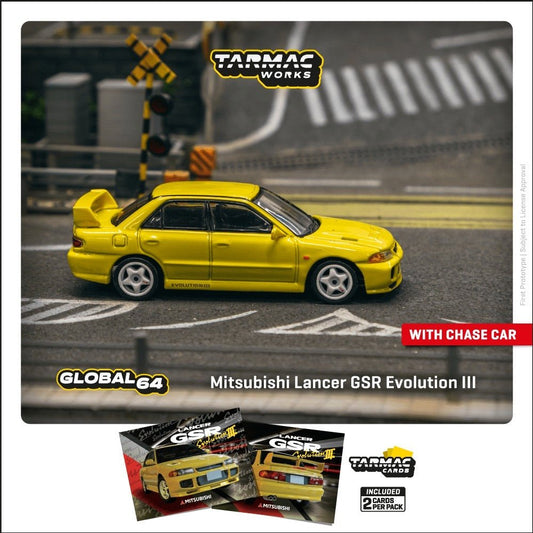 [PREORDER] Tarmac Works - 1/64 Mitsubishi Lancer GSR Evolution III in Yellow DIECAST SCALE MODEL CAR - T64G - 050 - YL (with Trading Cards Combo Set) - MODEL CARS UKMODEL CAR#INNO64##TARMAC##diecast_model#