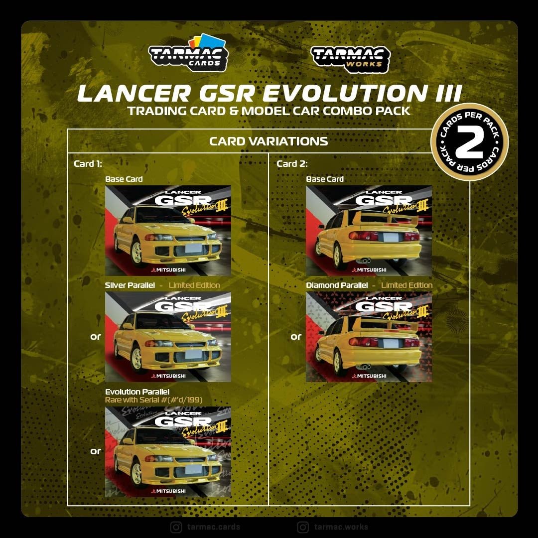 [PREORDER] Tarmac Works - 1/64 Mitsubishi Lancer GSR Evolution III in Yellow DIECAST SCALE MODEL CAR - T64G - 050 - YL (with Trading Cards Combo Set) - MODEL CARS UKMODEL CAR#INNO64##TARMAC##diecast_model#