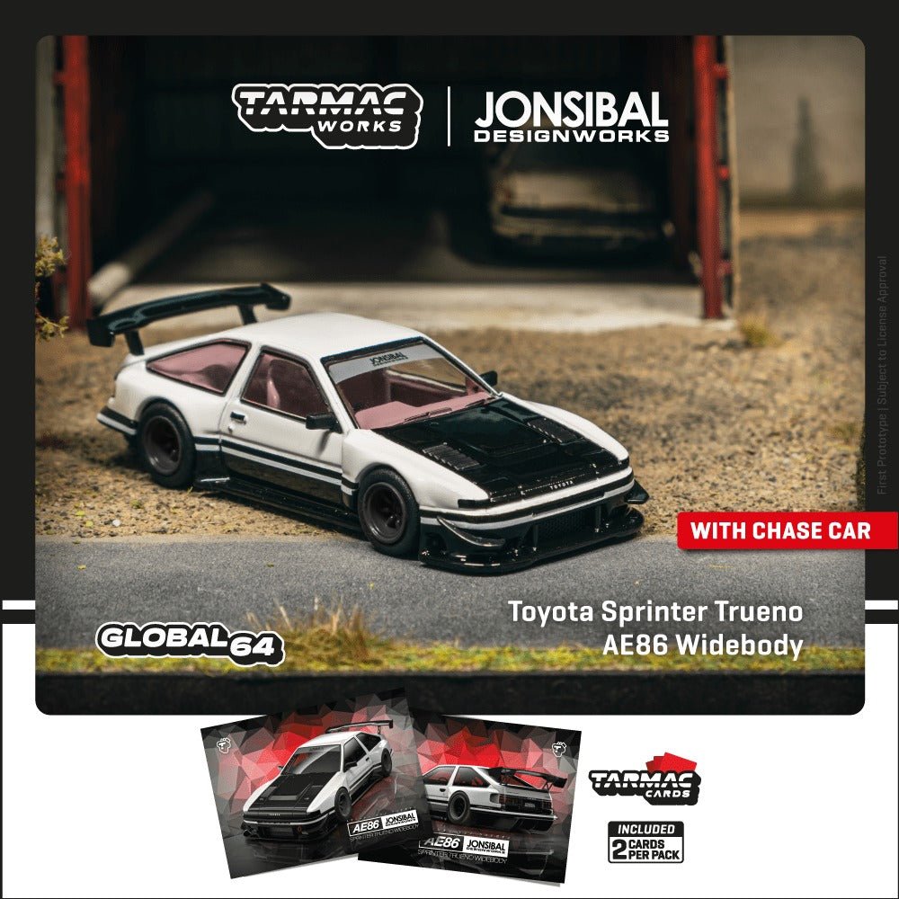 [PREORDER] Tarmac Works - 1/64 Toyota Sprinter Trueno AE86 Widebody by Jon Sibal White Black w/ Trading Cards Combo Set DIECAST SCALE MODEL CAR - T64G - 060 - WB - MODEL CARS UKMODEL CAR#INNO64##TARMAC##diecast_model#