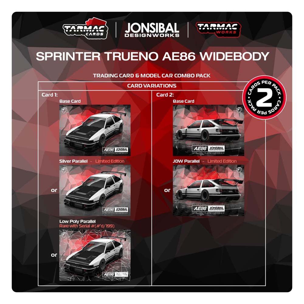 [PREORDER] Tarmac Works - 1/64 Toyota Sprinter Trueno AE86 Widebody by Jon Sibal White Black w/ Trading Cards Combo Set DIECAST SCALE MODEL CAR - T64G - 060 - WB - MODEL CARS UKMODEL CAR#INNO64##TARMAC##diecast_model#